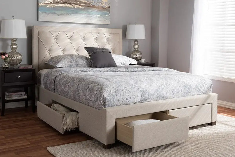 Aurelie Light Beige Fabric Upholstered Storage Bed (King) iHome Studio