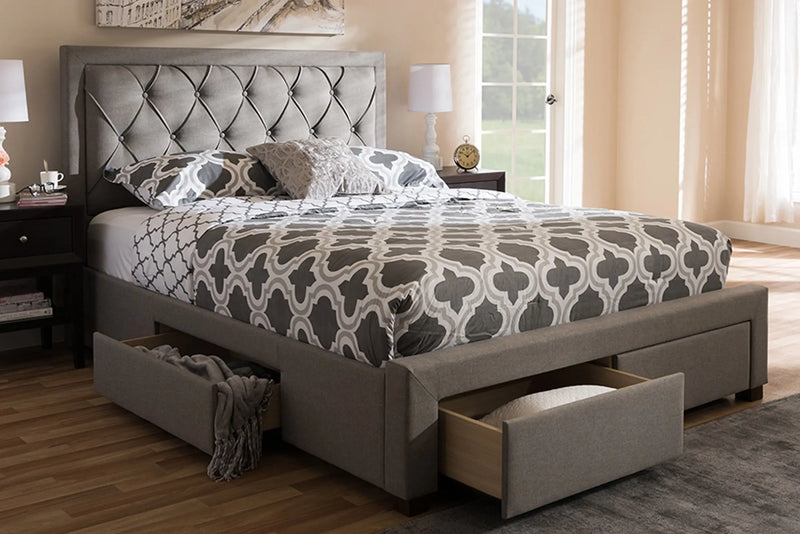Aurelie Light Grey Fabric Upholstered Storage Bed (Queen) iHome Studio