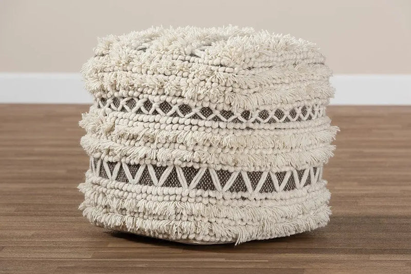 Axel Moroccan Inspired Beige and Brown Handwoven Wool Pouf Ottoman iHome Studio
