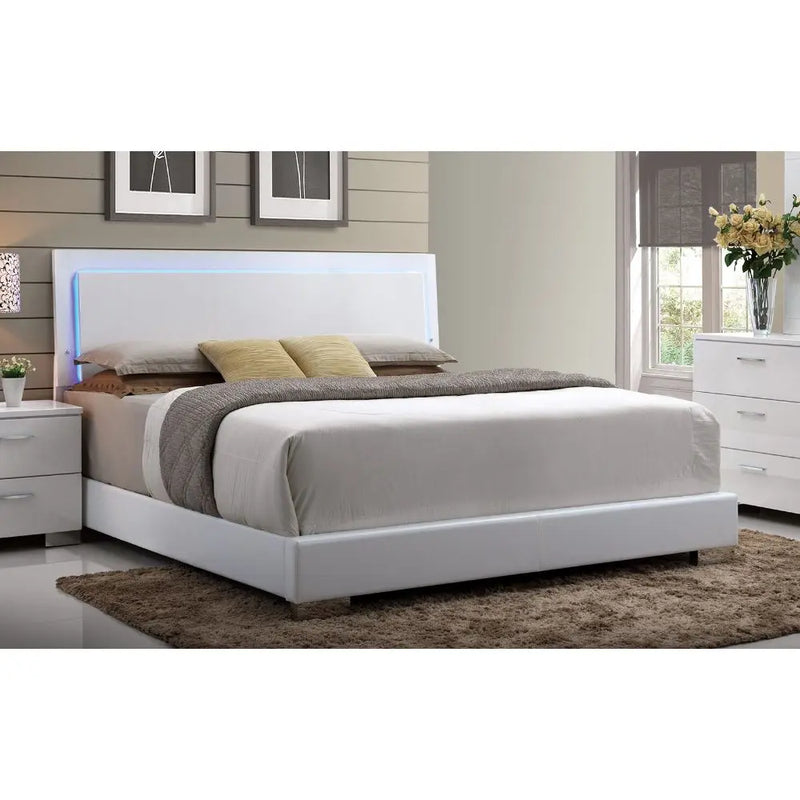 Ayleen King Bed w/LED Headboard, White Faux Leather & Chrome Leg iHome Studio