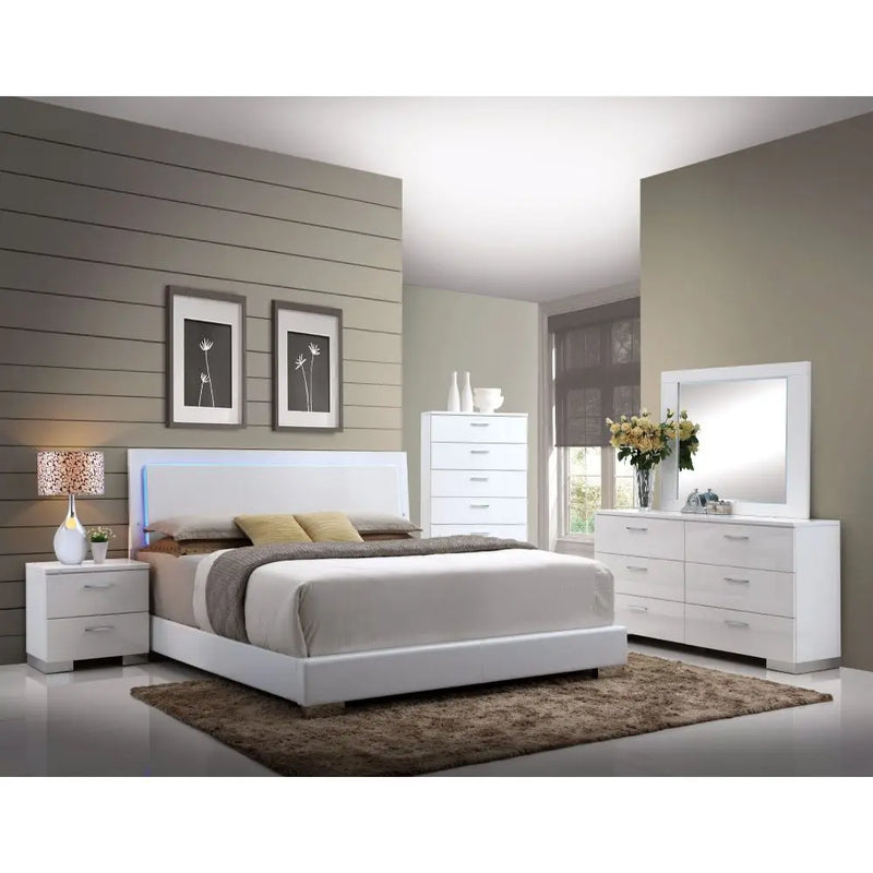 Ayleen Queen Bed w/LED Headboard, White Faux Leather & Chrome Leg iHome Studio