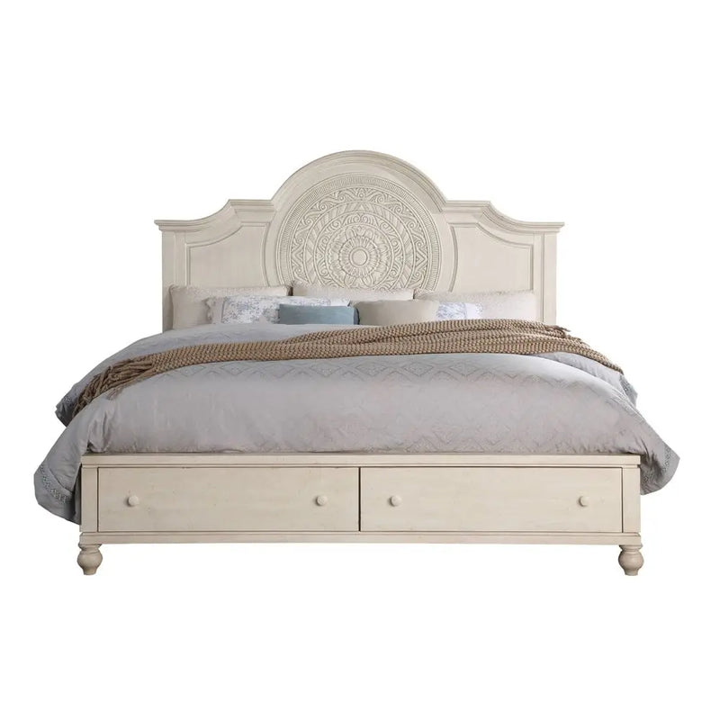 Aziel California King Bed w/Drawers, Antique White Finish iHome Studio