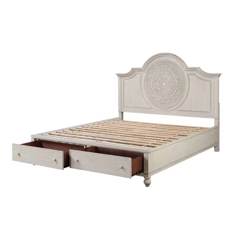 Aziel California King Bed w/Drawers, Antique White Finish iHome Studio