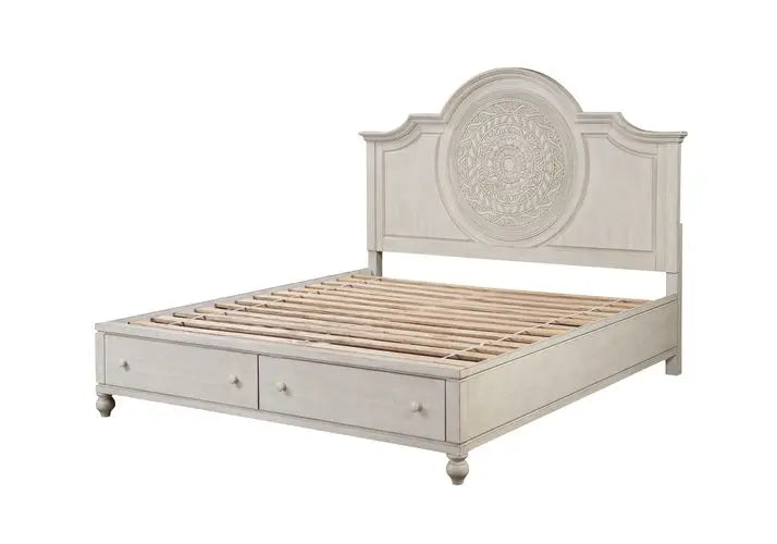 Aziel Queen Bed w/Drawers, Antique White Finish iHome Studio