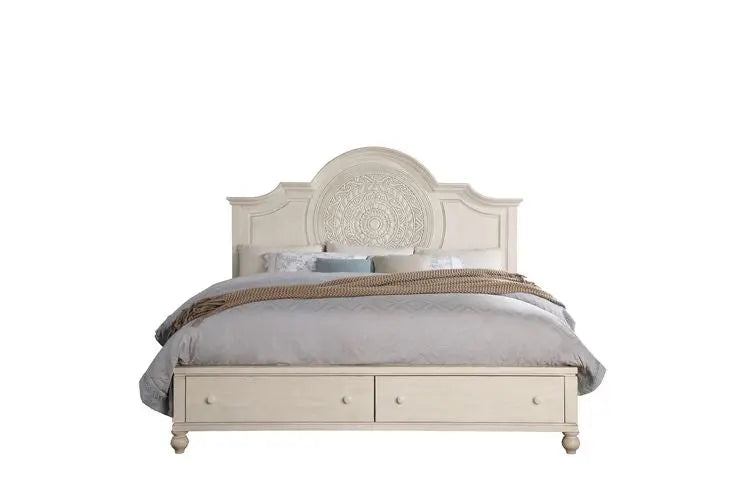 Aziel Queen Bed w/Drawers, Antique White Finish iHome Studio