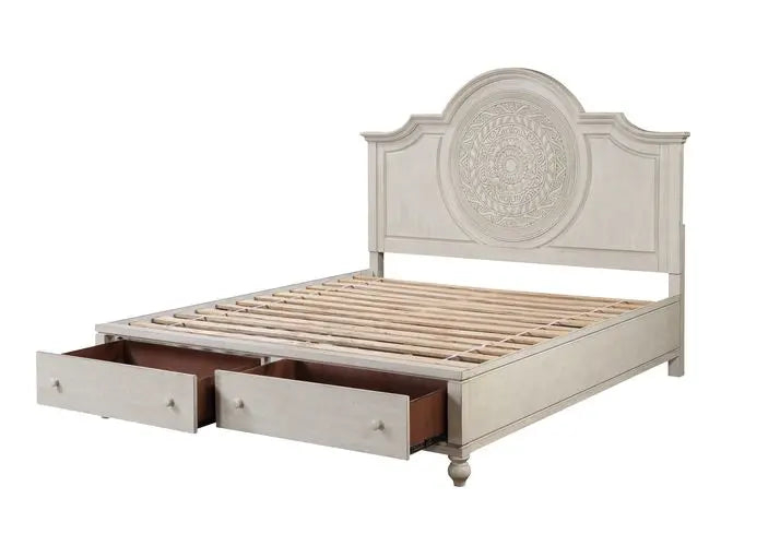 Aziel Queen Bed w/Drawers, Antique White Finish iHome Studio