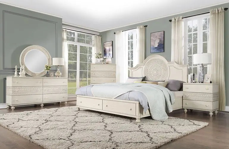 Aziel Queen Bed w/Drawers, Antique White Finish iHome Studio