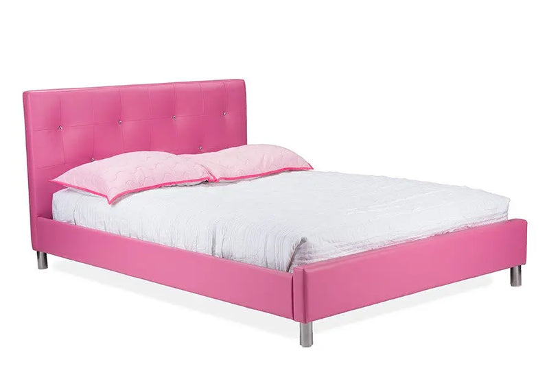 Barbara Pink Faux Leather Platform Bed w/Crystal Tufted Headboard (Full) iHome Studio