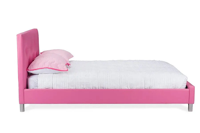 Barbara Pink Faux Leather Platform Bed w/Crystal Tufted Headboard (Full) iHome Studio