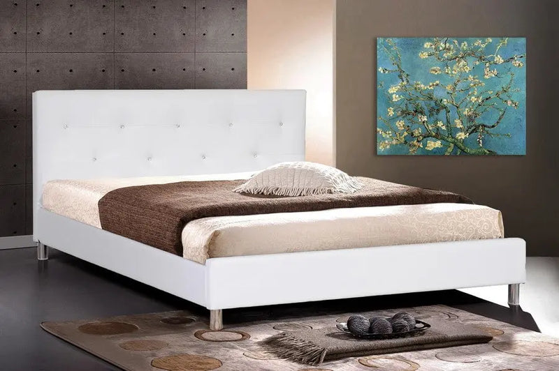 Barbara White Faux Leather Platform Bed w/Crystal Button Tufting Headboard (Full) iHome Studio