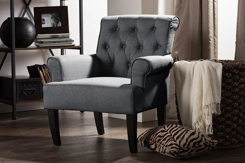 Barret Grey Linen Fabric Upholstered Rolled-Arm Button-tufting Accent Club Chair iHome Studio