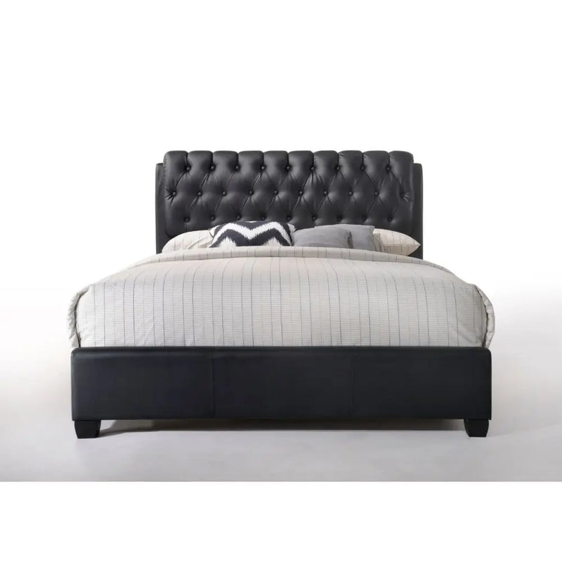 Beatrice Button Tufted Queen Bed, Black Faux Leather iHome Studio