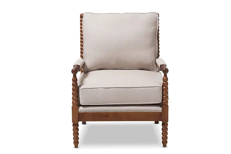 Beaumont Walnut Brown Finish Wood and Beige Fabric Upholstered Spindle Lounge Chair iHome Studio
