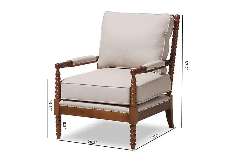 Beaumont Walnut Brown Finish Wood and Beige Fabric Upholstered Spindle Lounge Chair iHome Studio