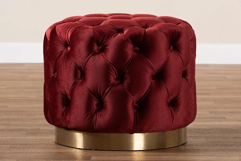 Bentley Burgundy Red Velvet Fabric Upholstered Gold-Finished Button Tufted Ottoman iHome Studio