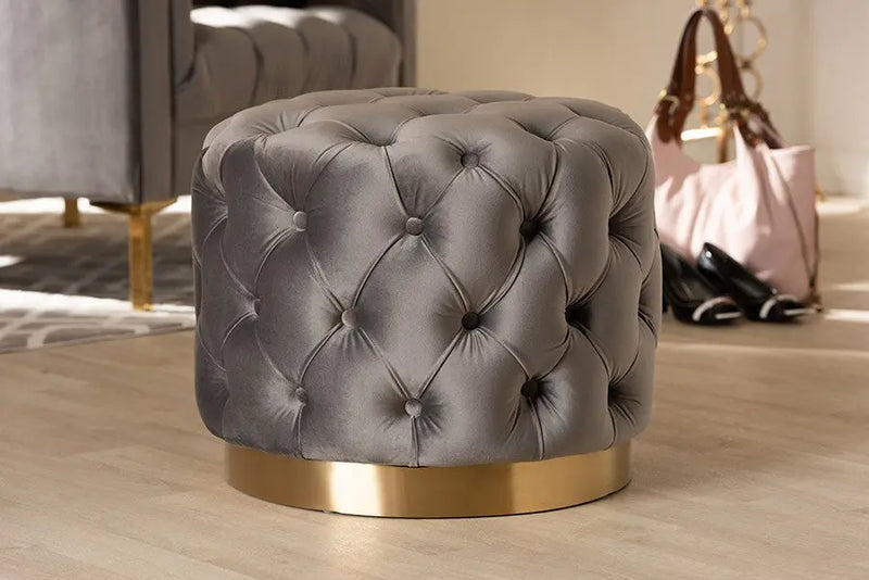 Bentley Gray Velvet Fabric Upholstered Gold-Finished Button Tufted Ottoman iHome Studio