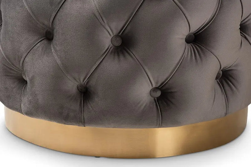 Bentley Gray Velvet Fabric Upholstered Gold-Finished Button Tufted Ottoman iHome Studio