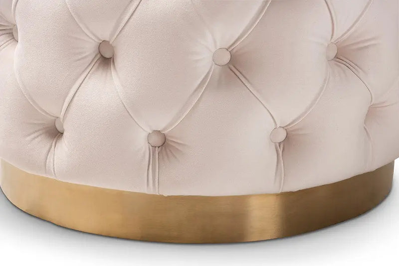 Bentley Light Beige Velvet Fabric Upholstered Gold-Finished Button Tufted Ottoman iHome Studio