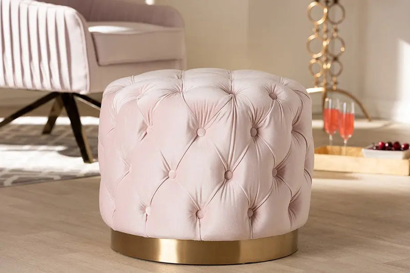Bentley Light Pink Velvet Fabric Upholstered Gold-Finished Button Tufted Ottoman iHome Studio
