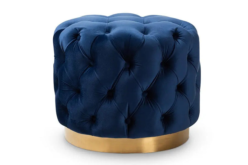 Bentley Royal Blue Velvet Fabric Upholstered Gold-Finished Button Tufted Ottoman iHome Studio