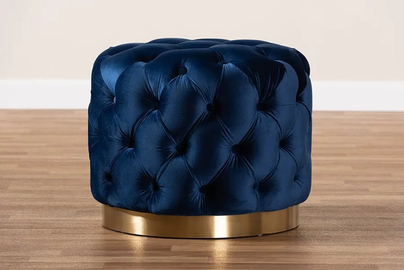 Bentley Royal Blue Velvet Fabric Upholstered Gold-Finished Button Tufted Ottoman iHome Studio