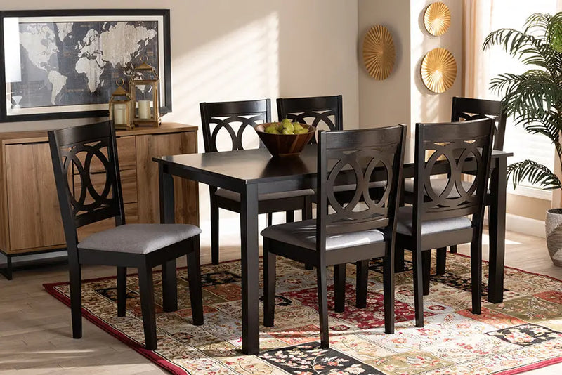 Berkeley Grey Fabric Upholstered Espresso Brown Finished Wood 7pcs Dining Set iHome Studio