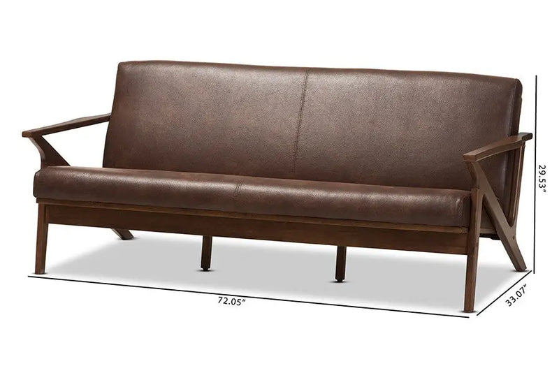 Bianca Walnut Wood Dark Brown Distressed Faux Leather 3-Seater Sofa iHome Studio