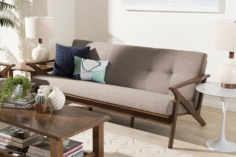 Bianca Walnut Wood Light Grey Fabric Tufted 3-Seater Sofa iHome Studio
