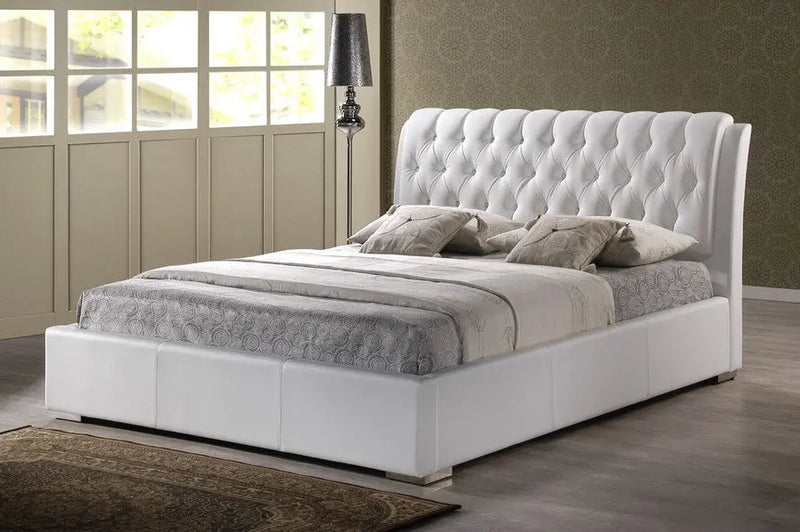 Bianca White Faux Leather Platform Bed w/Tufted Headboard (Queen) iHome Studio