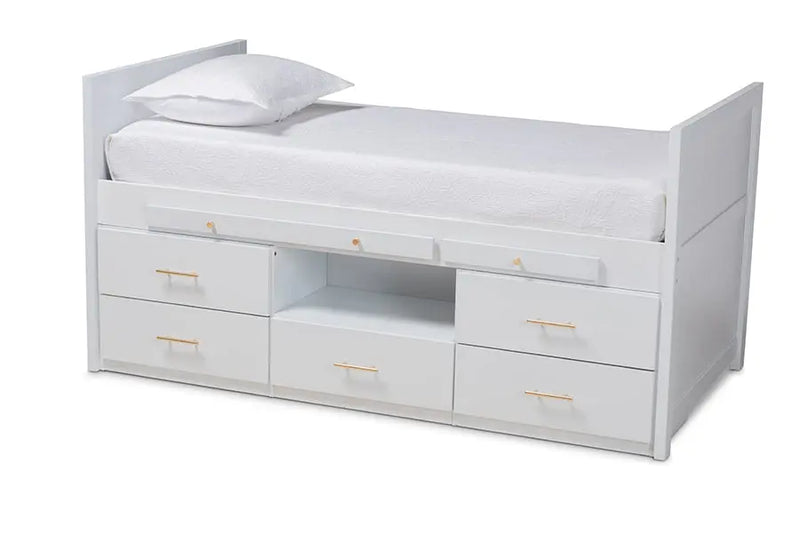 Billie White Wood 5-Drawer Storage Bed w/Pull-Out Desk (Twin) iHome Studio