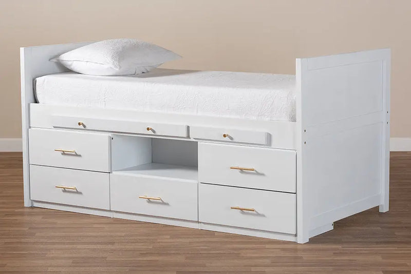 Billie White Wood 5-Drawer Storage Bed w/Pull-Out Desk (Twin) iHome Studio