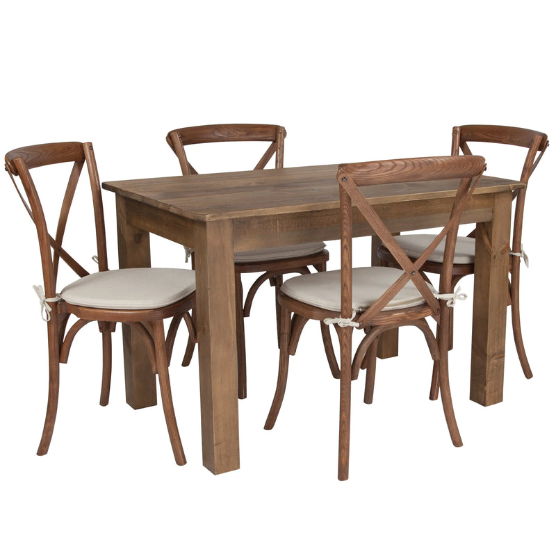 Boston 46" x 30" Antique Rustic Farm Table Set w/4 Cross Back Chairs, Cushions iHome Studio