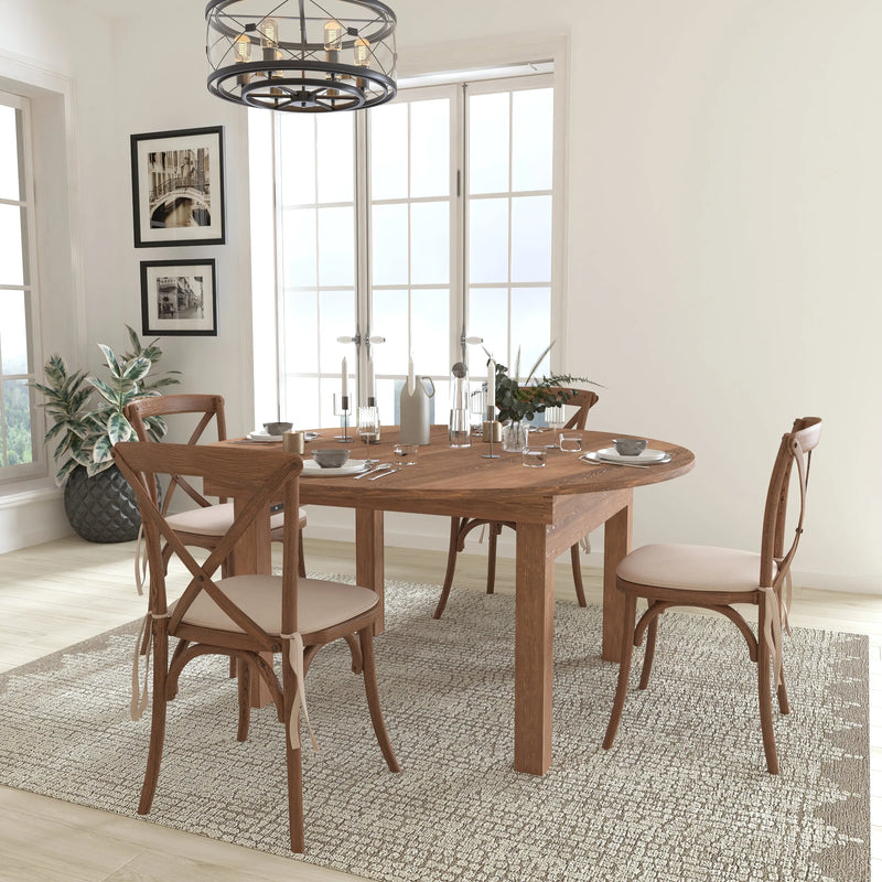 Boston 60" Round Solid Pine Folding Farm Dining Table Set with 4 Cross Back Chairs and Cushions iHome Studio