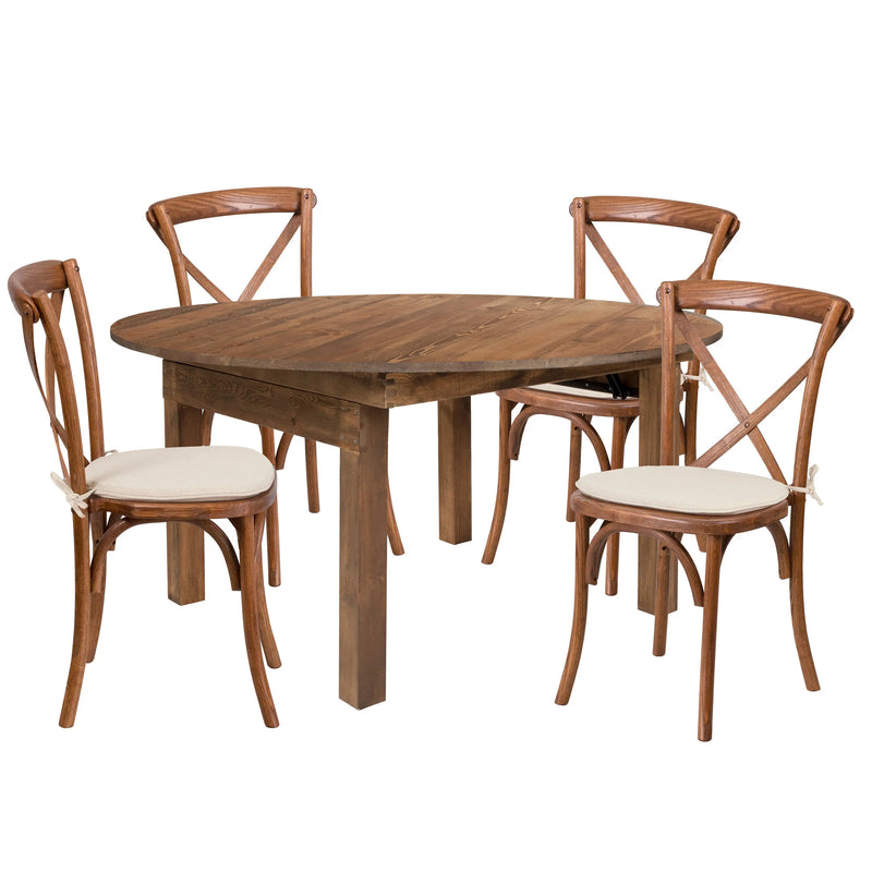 Boston 60" Round Solid Pine Folding Farm Dining Table Set with 4 Cross Back Chairs and Cushions iHome Studio
