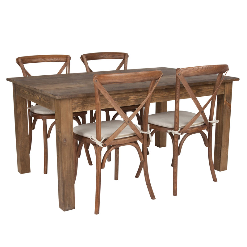 Boston 60" x 38" Antique Rustic Farm Table Set w/4 Cross Back Chairs, Cushions iHome Studio