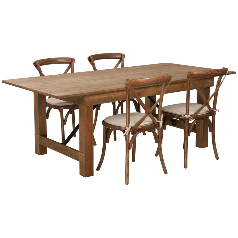 Boston 7' x 40'' Antique Rustic Folding Farm Table Set w/4 Cross Back Chairs, Cushions iHome Studio