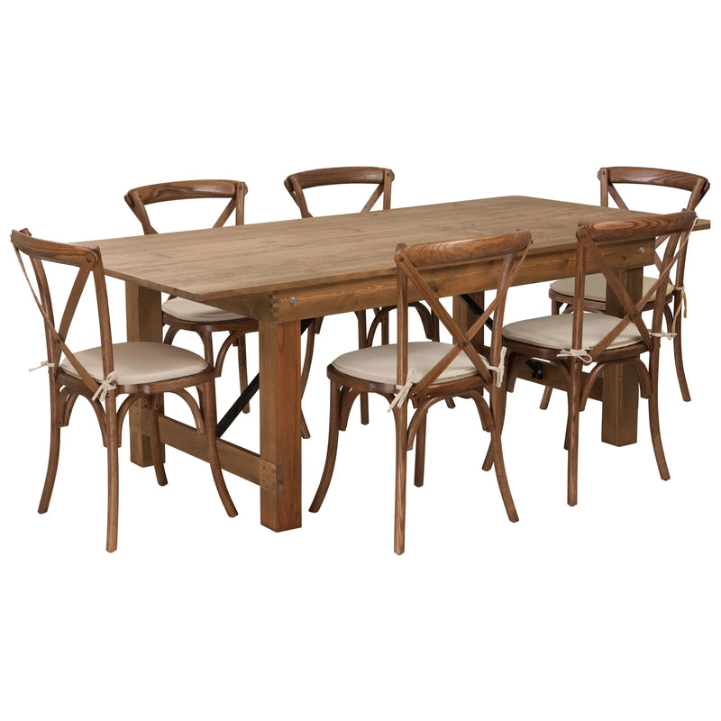 Boston 7' x 40'' Antique Rustic Folding Farm Table Set w/6 Cross Back Chairs, Cushions iHome Studio