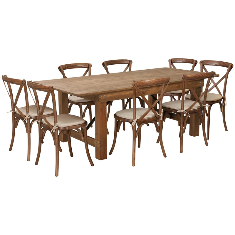 Boston 7' x 40'' Antique Rustic Folding Farm Table Set w/8 Cross Back Chairs, Cushions iHome Studio