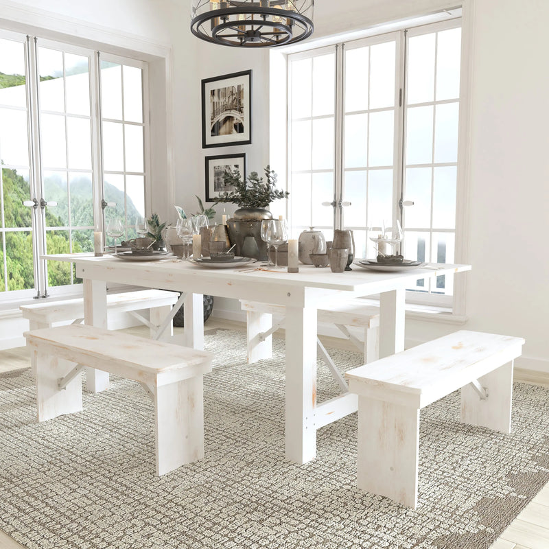 Boston 7' x 40" Antique Rustic White Folding Farm Table and Four Bench Set iHome Studio