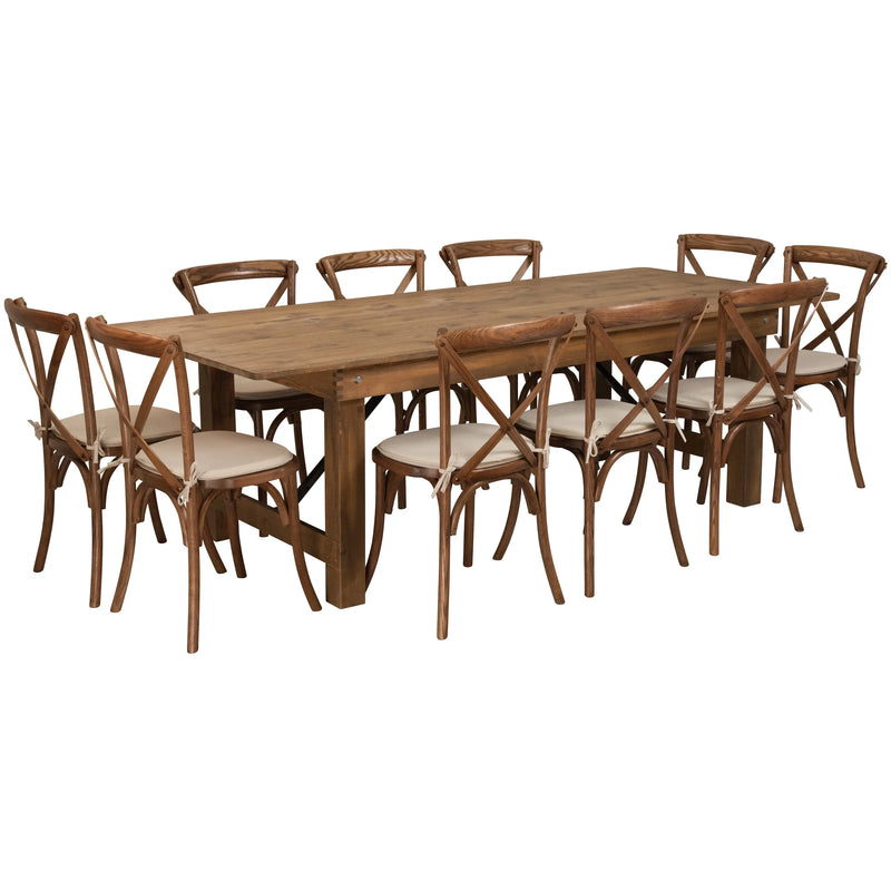 Boston 8' x 40'' Antique Rustic Folding Farm Table Set w/10 Cross Back Chairs, Cushions iHome Studio
