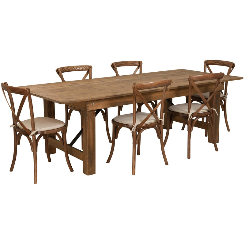 Boston 8' x 40'' Antique Rustic Folding Farm Table Set w/6 Cross Back Chairs, Cushions iHome Studio