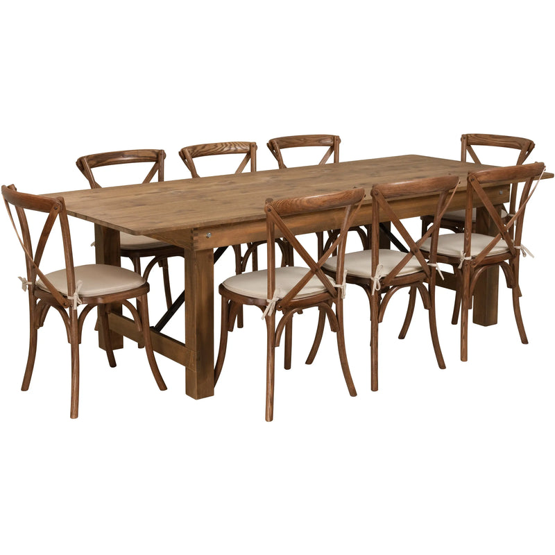 Boston 8' x 40'' Antique Rustic Folding Farm Table Set w/8 Cross Back Chairs, Cushions iHome Studio