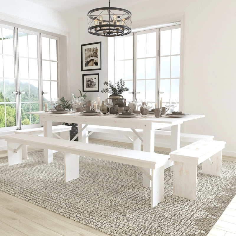 Boston 8' x 40" Antique Rustic White Folding Farm Table and Four Bench Set iHome Studio