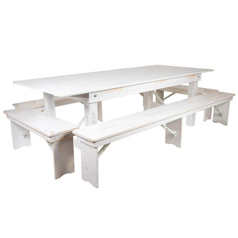 Boston 8' x 40" Antique Rustic White Folding Farm Table and Four Bench Set iHome Studio