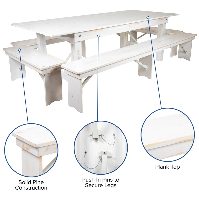 Boston 8' x 40" Antique Rustic White Folding Farm Table and Four Bench Set iHome Studio