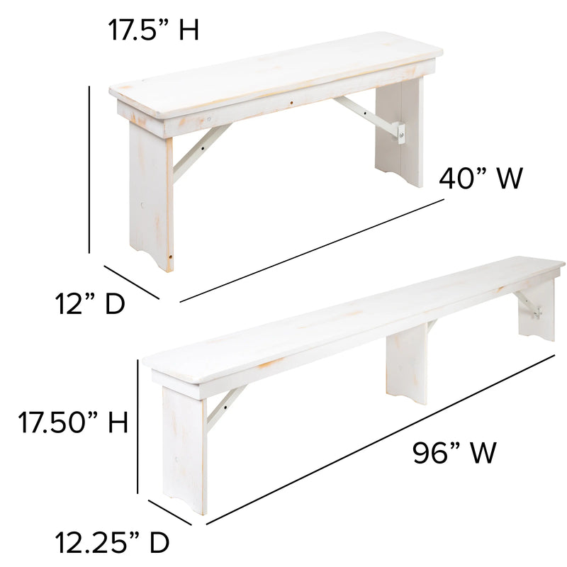 Boston 8' x 40" Antique Rustic White Folding Farm Table and Four Bench Set iHome Studio