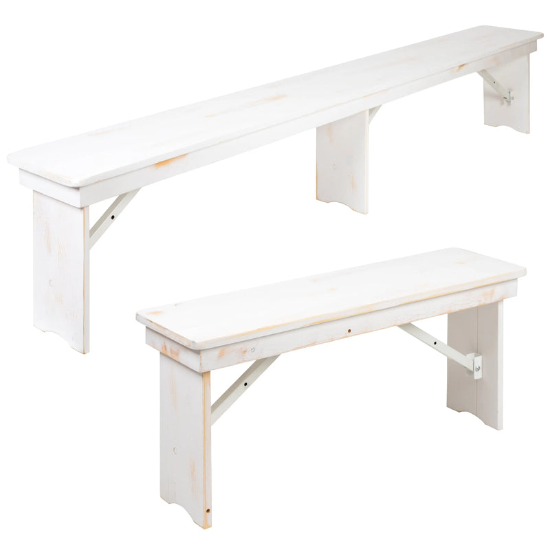 Boston 8' x 40" Antique Rustic White Folding Farm Table and Four Bench Set iHome Studio