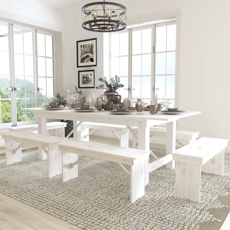 Boston 8' x 40" Antique Rustic White Folding Farm Table and Six Bench Set iHome Studio