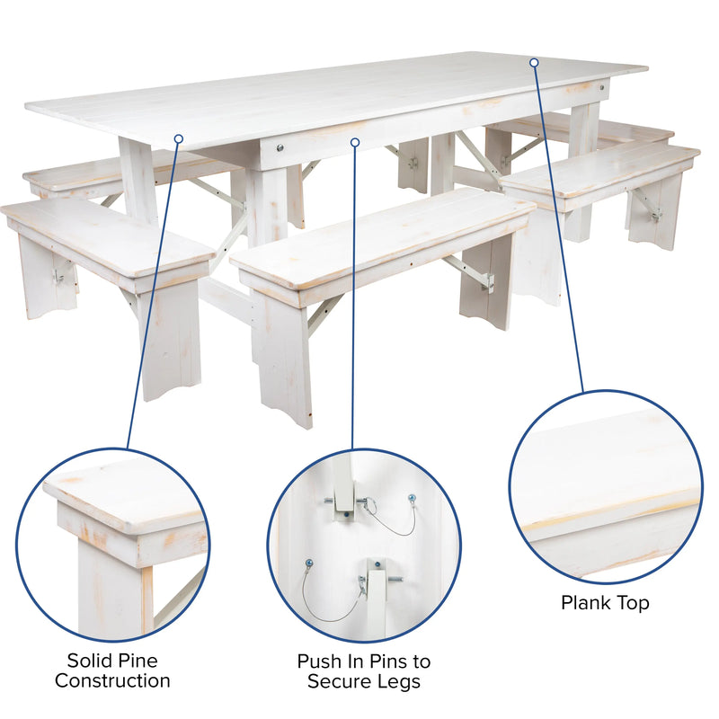 Boston 8' x 40" Antique Rustic White Folding Farm Table and Six Bench Set iHome Studio