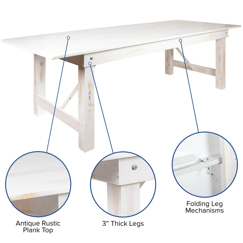 Boston 8' x 40" Rectangular Antique Rustic White Solid Pine Folding Farm Table iHome Studio